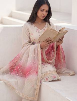 Women Floral Embroidered Mirror Work Kurta with Trousers & With Dupatta 4