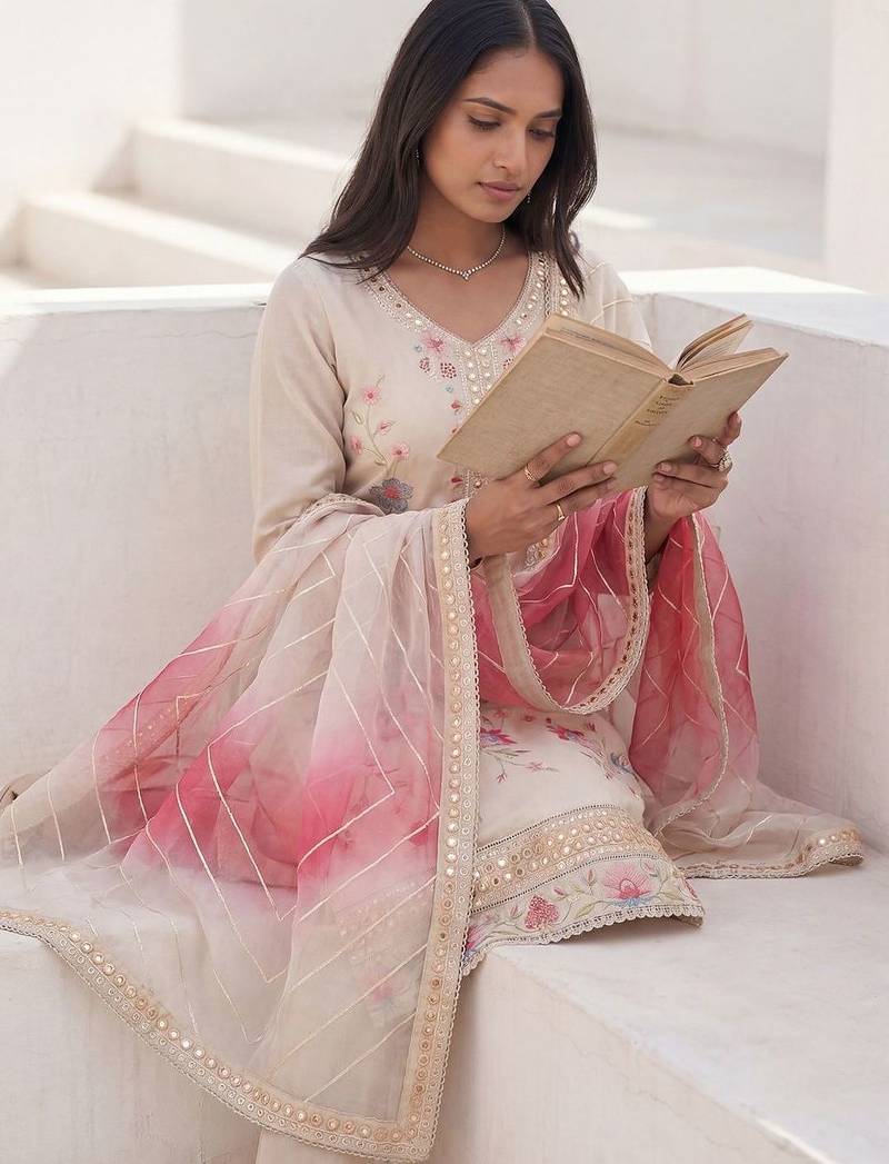 Women Floral Embroidered Mirror Work Kurta with Trousers & With Dupatta