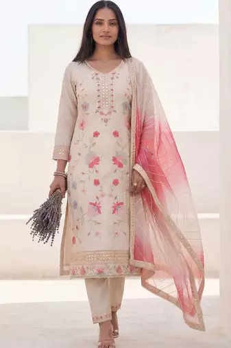 Women Floral Embroidered Mirror Work Kurta with Trousers & With Dupatta