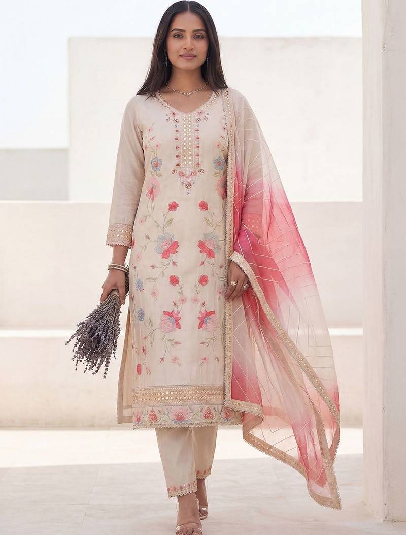 Women Floral Embroidered Mirror Work Kurta with Trousers & With Dupatta