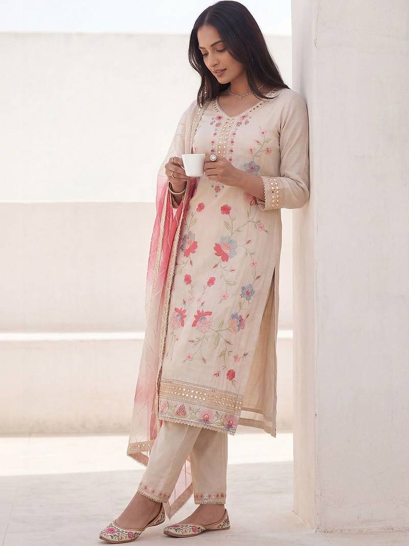 Women Floral Embroidered Mirror Work Kurta with Trousers & With Dupatta