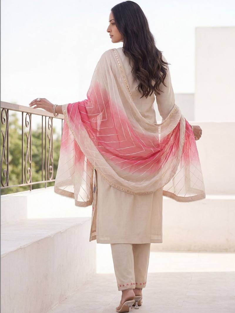 Women Floral Embroidered Mirror Work Kurta with Trousers & With Dupatta