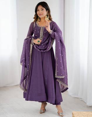 women's embroidery work crunchy silk blend flared anarkali pant and dupatta set 2