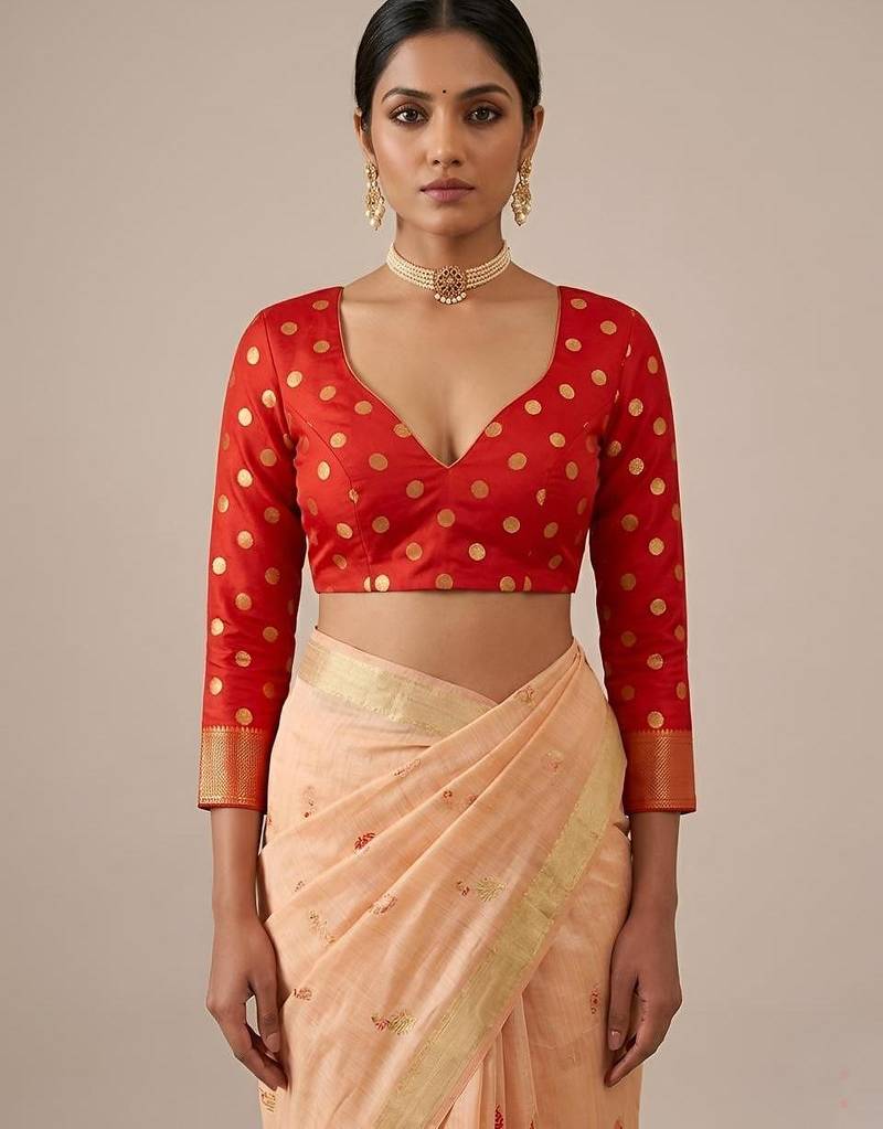 Peach cotton woven saree with blouse