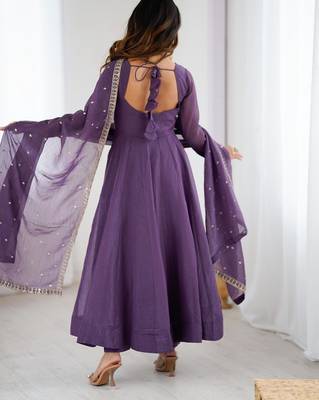 women's embroidery work crunchy silk blend flared anarkali pant and dupatta set 3