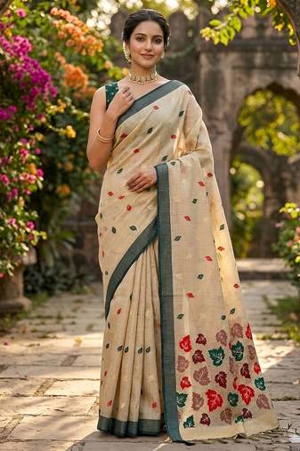 Cream linen woven saree with blouse