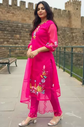 Ethnic Motifs Embroidered Round Neck Thread Work Kurta with Trousers & Dupatta