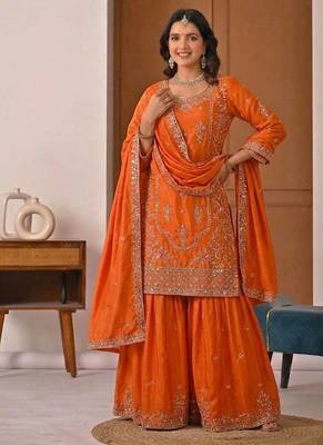 orange crep silk blend  blend  party wear embroidery sharara suit set 2