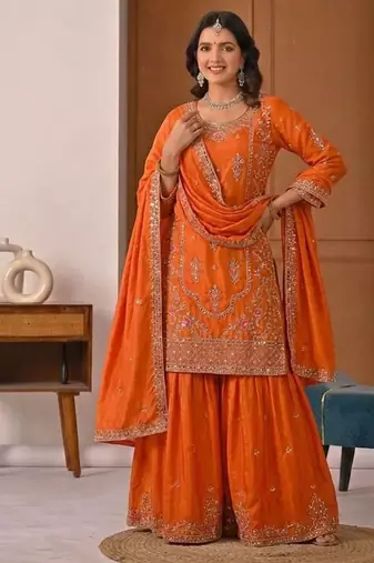 orange crep silk blend  blend  party wear embroidery sharara suit set