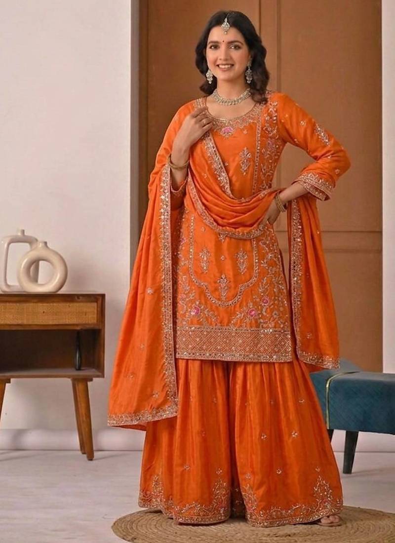 orange crep silk blend  blend  party wear embroidery sharara suit set