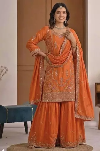 orange crep silk blend  blend  party wear embroidery sharara suit set