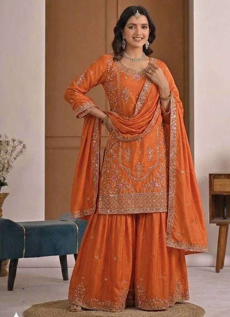 orange crep silk blend  blend  party wear embroidery sharara suit set