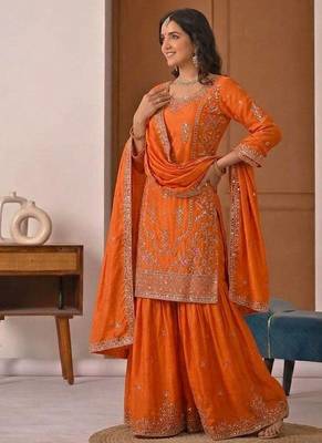 orange crep silk blend  blend  party wear embroidery sharara suit set 4