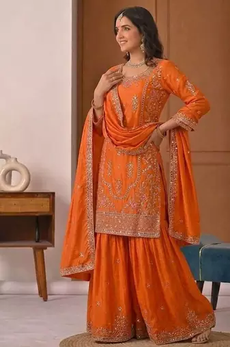 orange crep silk blend  blend  party wear embroidery sharara suit set