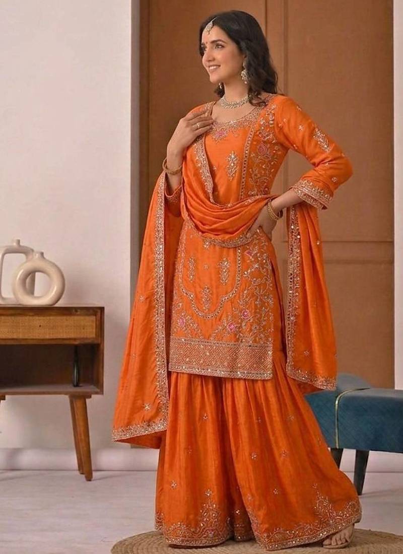 orange crep silk blend  blend  party wear embroidery sharara suit set