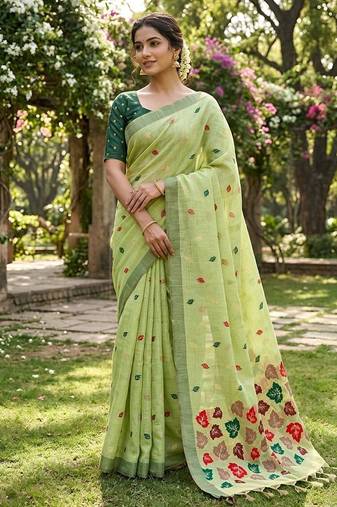 Pista green linen woven saree with blouse