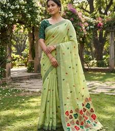Pista green linen woven saree with blouse