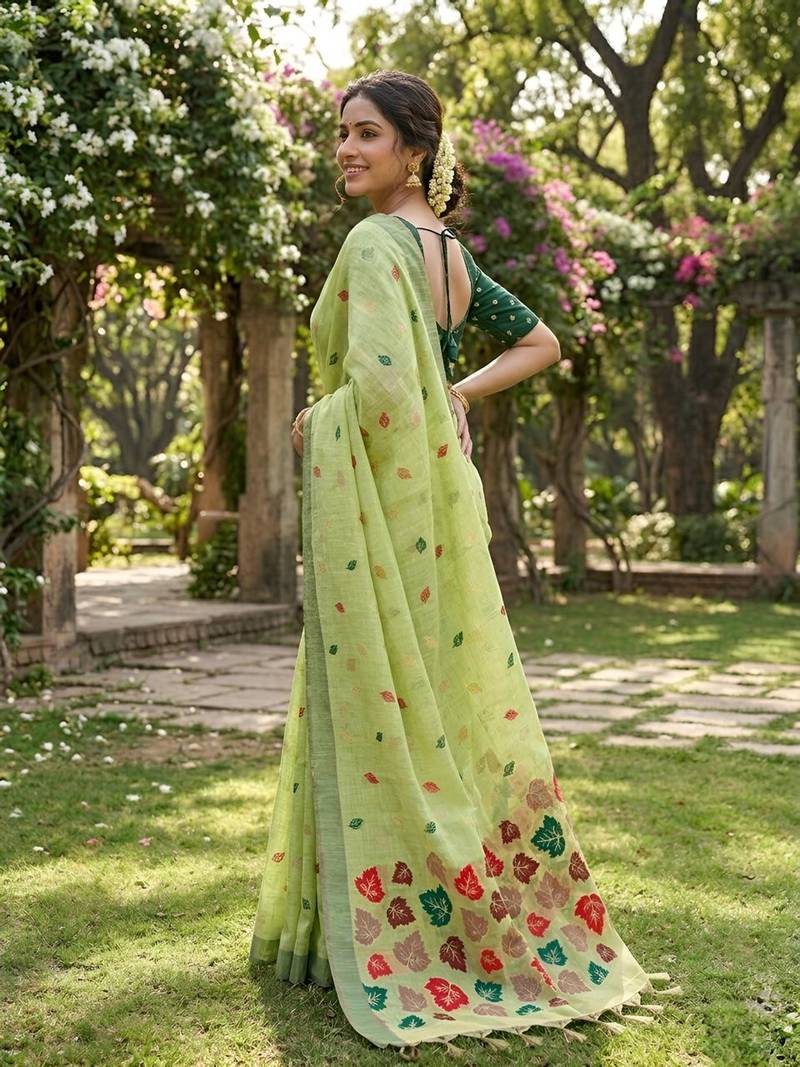 Pista green linen woven saree with blouse