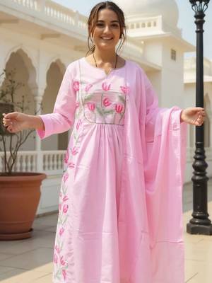 Floral Embroidered Thread Work Cotton A Line Kurta With Trousers & Dupatta 1