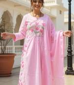 Floral Embroidered Thread Work Cotton A Line Kurta With Trousers & Dupatta