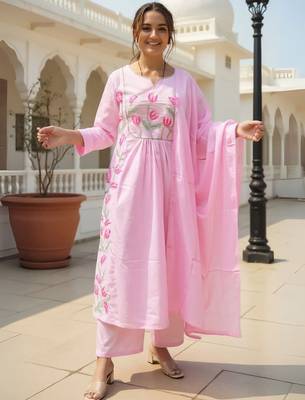 Floral Embroidered Thread Work Cotton A Line Kurta With Trousers & Dupatta 2