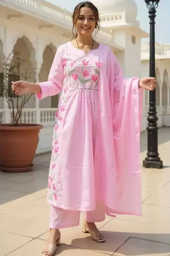 Floral Embroidered Thread Work Cotton A Line Kurta With Trousers & Dupatta