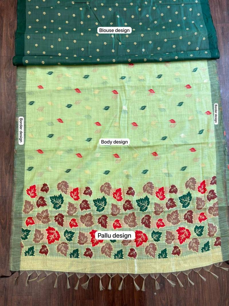 Pista green linen woven saree with blouse