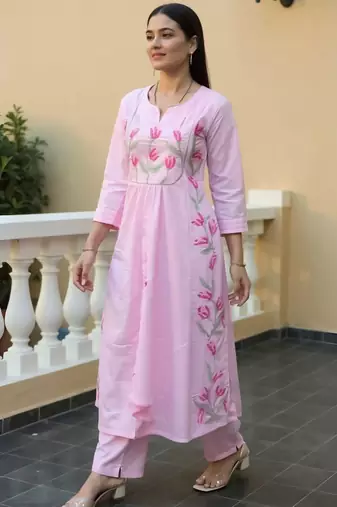 Floral Embroidered Thread Work Cotton A Line Kurta With Trousers & Dupatta