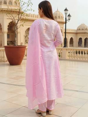 Floral Embroidered Thread Work Cotton A Line Kurta With Trousers & Dupatta 4