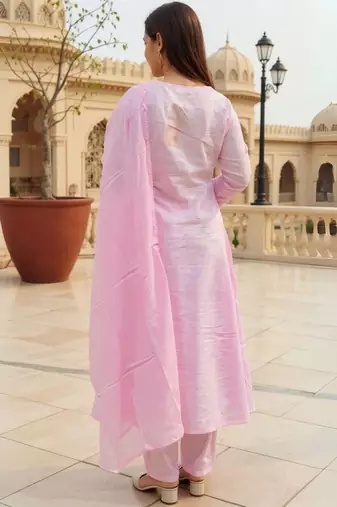Floral Embroidered Thread Work Cotton A Line Kurta With Trousers & Dupatta