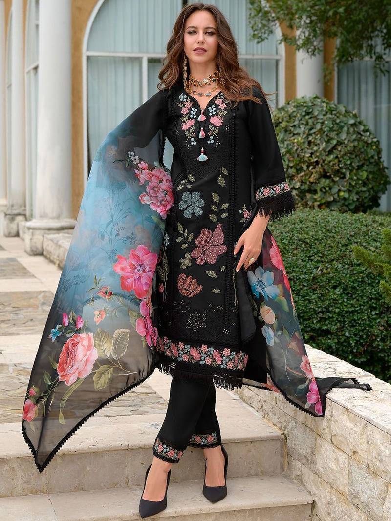 Women Floral Embroidered Thread Work Silk Kurta with Trousers & With Dupatta