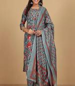 Floral printed cotton round neck kurta trouser & dupatta set