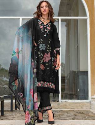 Women Floral Embroidered Thread Work Silk Kurta with Trousers & With Dupatta 1