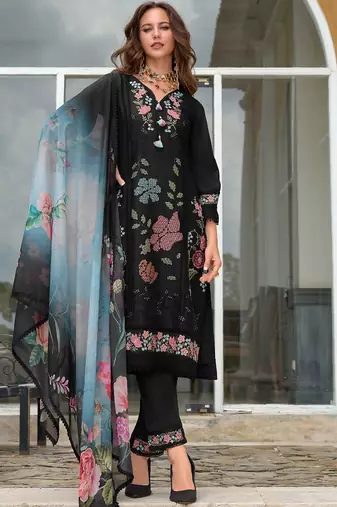 Women Floral Embroidered Thread Work Silk Kurta with Trousers & With Dupatta