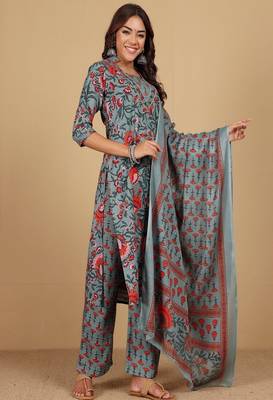 Floral printed cotton round neck kurta trouser & dupatta set 2