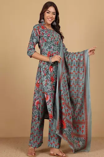 Floral printed cotton round neck kurta trouser & dupatta set