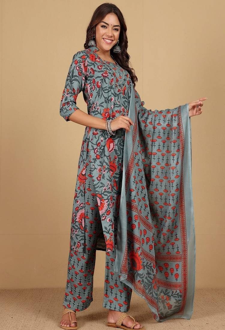Floral printed cotton round neck kurta trouser & dupatta set