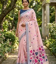 Pink linen woven saree with blouse