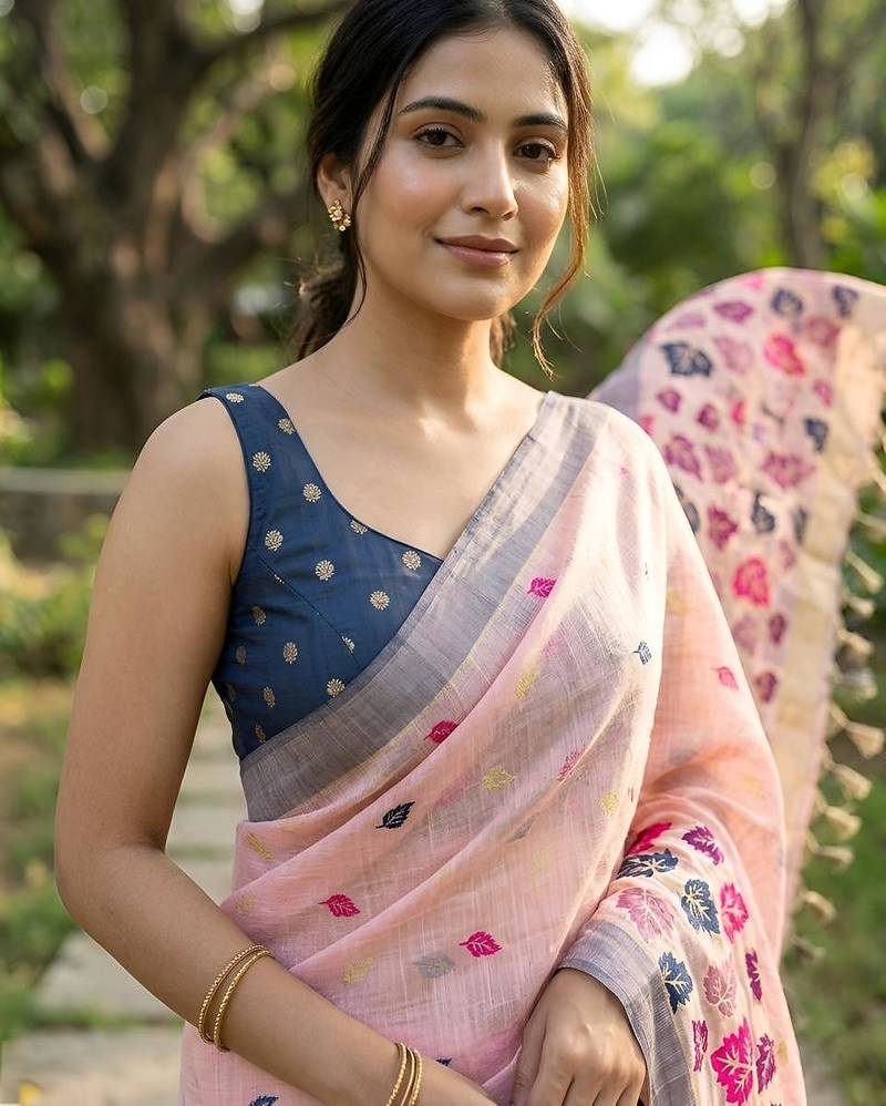 Pink linen woven saree with blouse