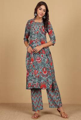 Floral printed cotton round neck kurta trouser & dupatta set 3