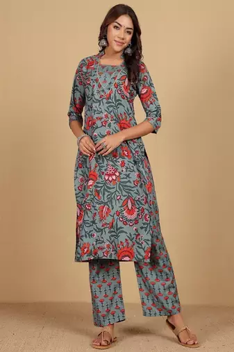 Floral printed cotton round neck kurta trouser & dupatta set