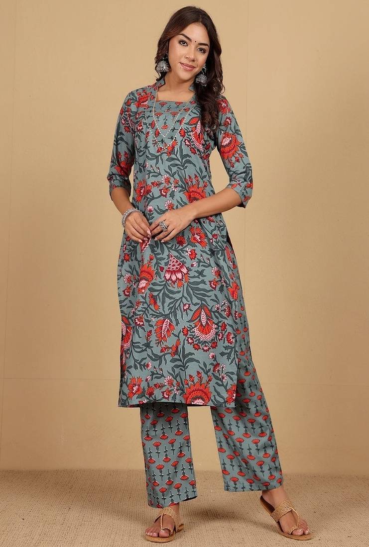 Floral printed cotton round neck kurta trouser & dupatta set