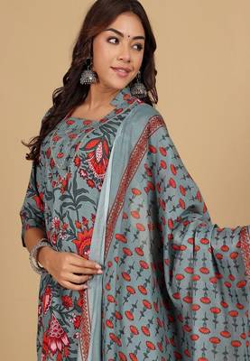 Floral printed cotton round neck kurta trouser & dupatta set 4