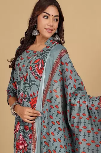 Floral printed cotton round neck kurta trouser & dupatta set