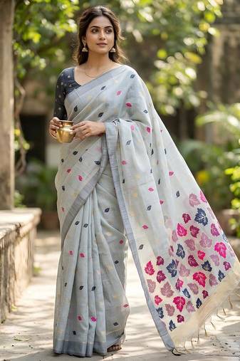Grey linen woven saree with blouse