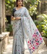 Grey linen woven saree with blouse