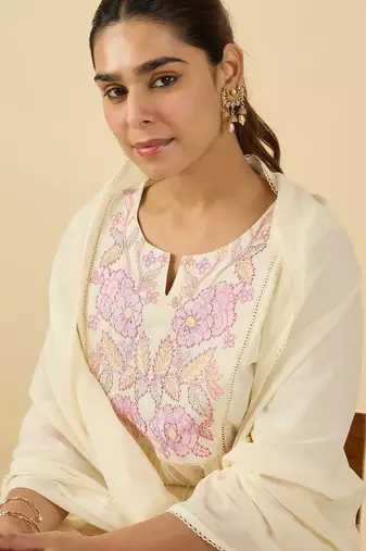 Floral Embroidered Notch Neck Cotton A-Line Kurta & Trousers With Dupatta