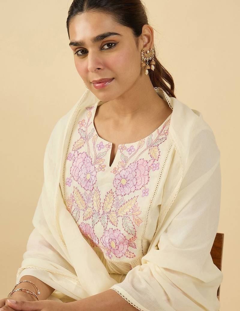 Floral Embroidered Notch Neck Cotton A-Line Kurta & Trousers With Dupatta