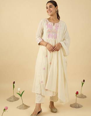 Floral Embroidered Notch Neck Cotton A-Line Kurta & Trousers With Dupatta 1