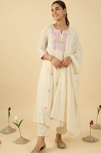 Floral Embroidered Notch Neck Cotton A-Line Kurta & Trousers With Dupatta
